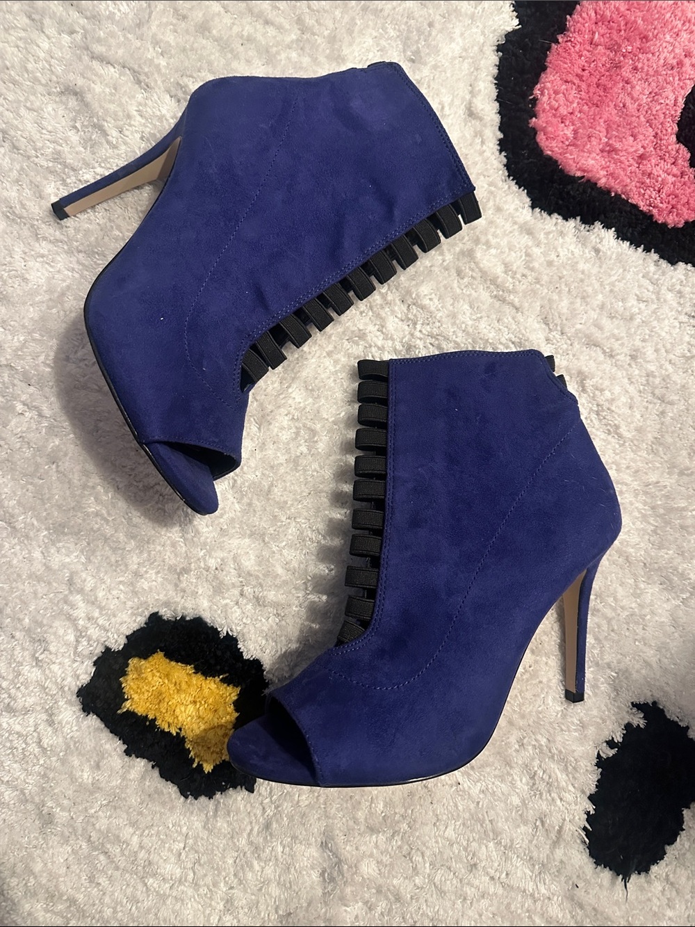 Cobalt Blue Suede Peep-Toe Ankle Booties with Black Trim